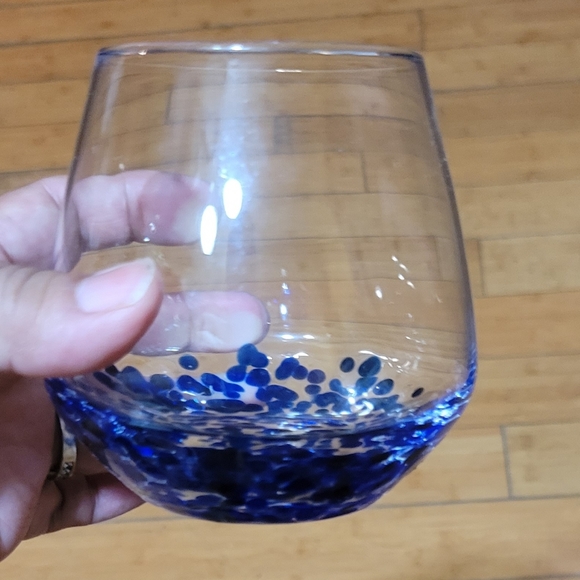 Handblown Stemless Clear w/Cobalt Blue Ombre Wine Goblet - Picture 2 of 7